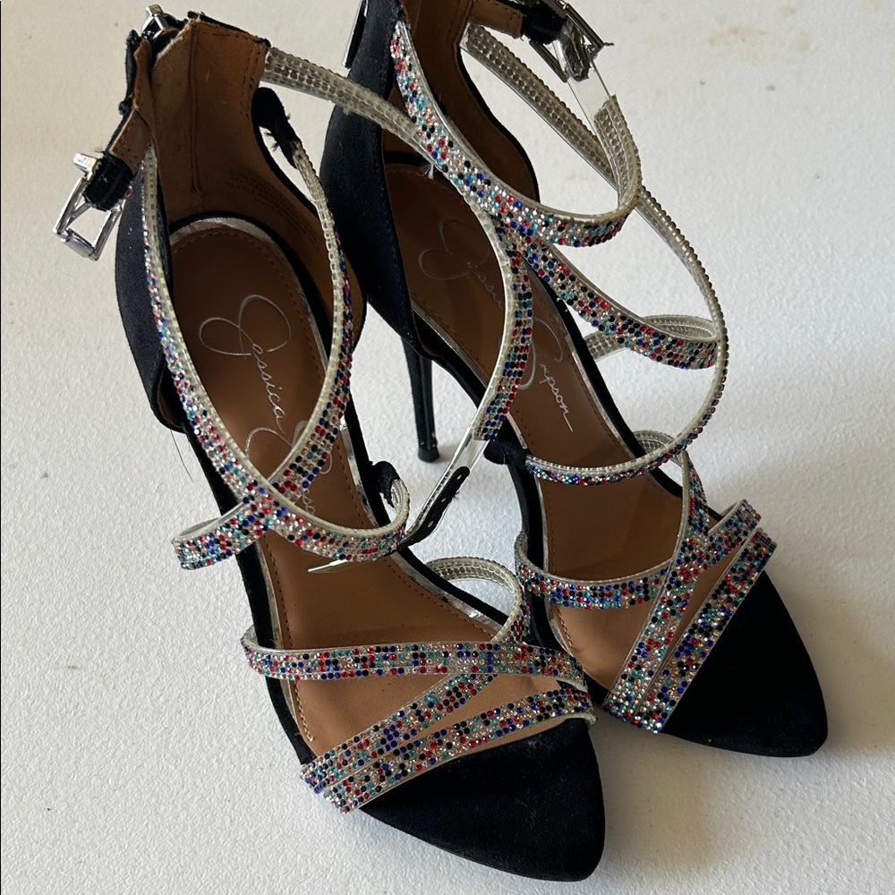 Jessica Simpson Black Strappy High Heels with Multicolor Crystal Straps